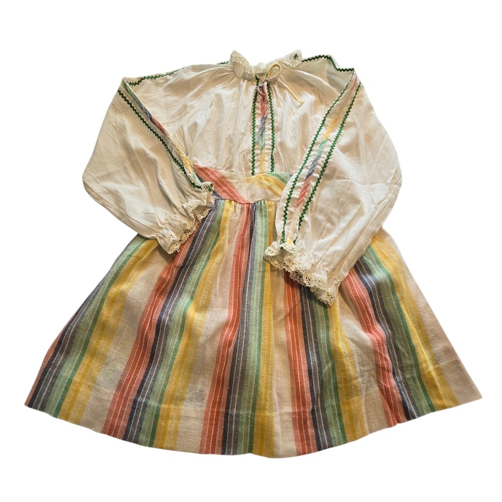 Vintage 50s 60s Cinderella Peasant Dress Girls 8 White Rainbow Stripe Boho Lace